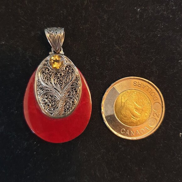 Bold Samuel B Sterling Silver Genuine Red Coral & Citrine Statement Pendant - Picture 7 of 10